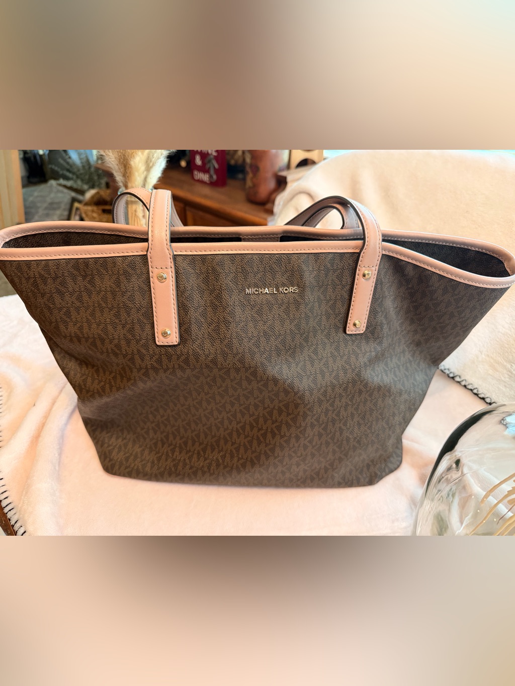 Michael Kors Brown Mk Monogram Tote With Blush Pink Trim